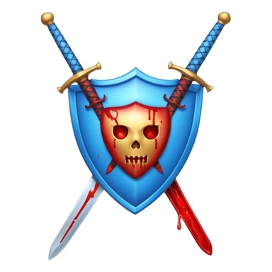 shiny vibrant blue shield with a vertical sword behind it, blood effect on the sword, apple emoji style, match the layout of the reference image sticker