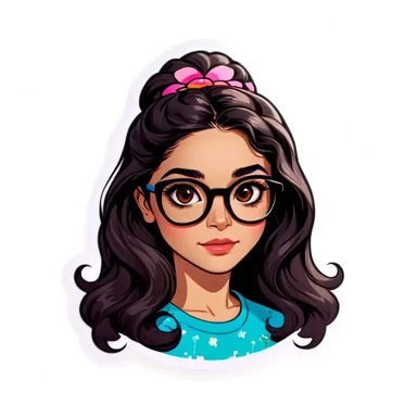 Afghan girl, brown eyes , wearing all black, and wearing large framed glasses, layered long BLACK hair with loose waves, blossom pigmented lips, fair light skin, oval face with a visible jaw line, cheekbones visible, MAKE DIFFERENT FACIAL EXPRESSIONS. sticker