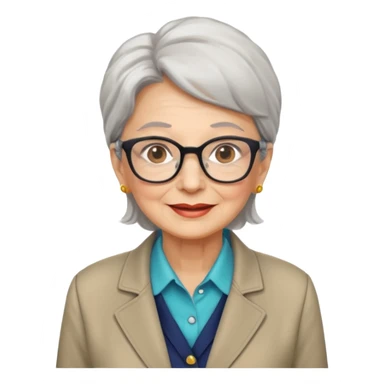 72-year-old professional woman, bright expression, wearing glasses, neat shirt and jacket sticker