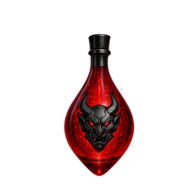 red demon drop-shaped luxurious elixir bottle, Discord edgy and cool vibe, deep red color, black and silver details, very small neck, seamless bottom, floating, no base or shadow, modern, matching a collection, extra intense magical glowing and sparkling effects, transparent background sticker