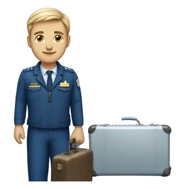 a light-skinned male pilot in a blue uniform with a suitcase sticker