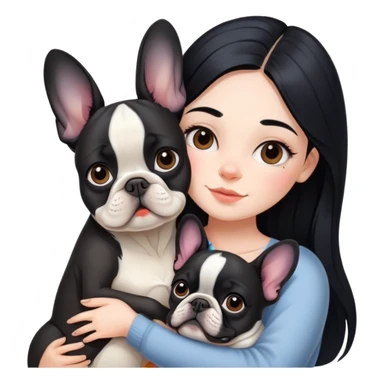 beautiful girl with long black hair hugs a French bulldog sticker