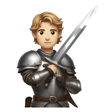 A young man with light brown hair and gray eyes, in chivalrous armor, fantasy, looks seriously, holds a sword in his hands sticker