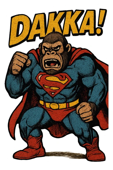an angry gorilla dressed like superman in a super hero pose with the name DAKKA above it sticker
