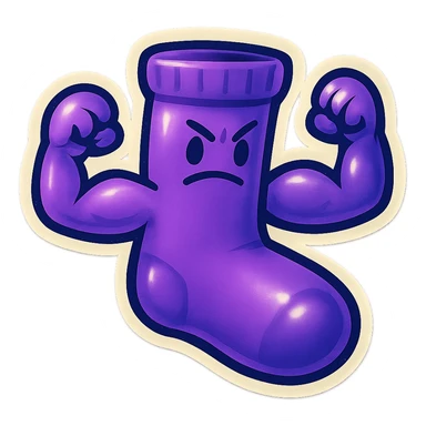 A purple sock with a determined face, flexing its arms, representing a clutch moment or victory. sticker
