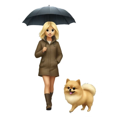 Blonde girl walking tiny pomeranian under the rain sticker