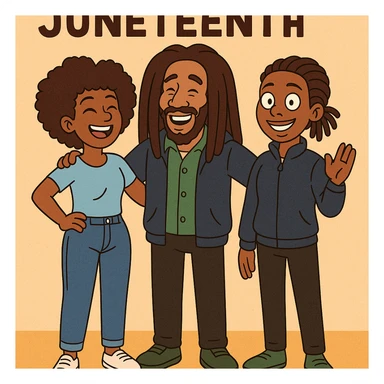 A woman Kinky hair light blue shirt blue jeans white shoes boy Dreadlocks dark brown hair green shuts navy blue zip up hoodie black jeans green shoes Bob Marley Vanessa Nakate Mae Jemison Happy JUNETEENTH sticker
