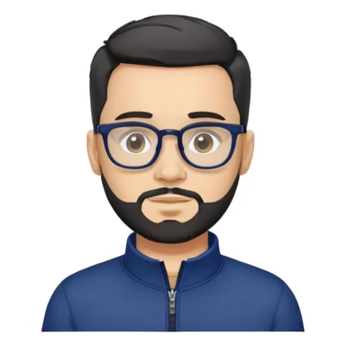 Light-skinned male with short black hair styled up, gray short beard, black-framed glasses, navy blue zip-collar sports long sleeve shirt sticker