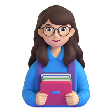 teenage girl with long dark brown hair, bangs, blue eyes, round glasses with thin black frames, wearing a backpack, smiling, with a book in hand sticker