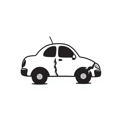 cartoon car with a big dent in the side, hand-drawn doodle style sticker