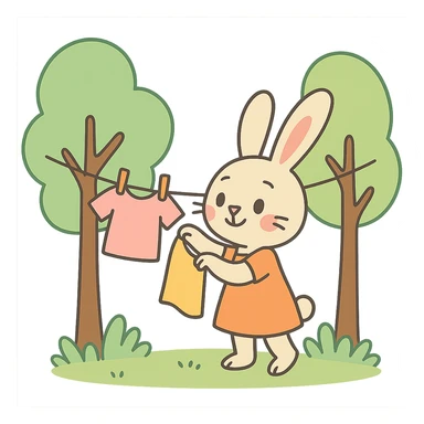 bunny hanging laundry between trees, calming domestic forest feel, pastel colors, flawless, high quality, no imperfections sticker