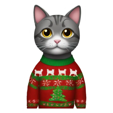 Cat wearing a Christmas sweater with the words lulu on the sweater sticker