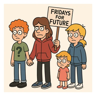 Fridays for Future a boy orange curly hair green question t-shirt jeans black shoes boy brown Hockey Hair red hoodie black trousers navy blue trainer shoes girl yellow hair with shirt dress pink shoe boy Yellow Orange hair blue jackets hoodie dark blue jeans white shoe  sticker
