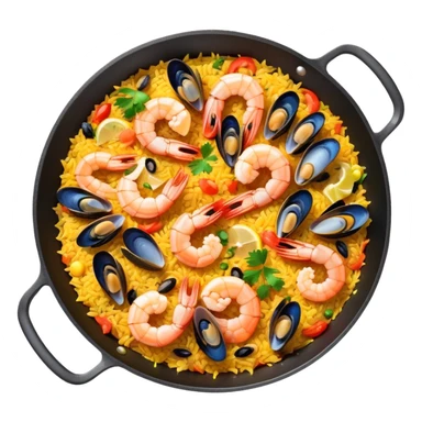 seafood paella in a pan with shrimp, mussels, rice, and saffron sticker