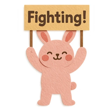 Revise the paper-craft style full-body rosy bunny so the signboard it is holding high above its head says 'Fighting!' in clear, bold letters. Keep the rest of the design the same. sticker