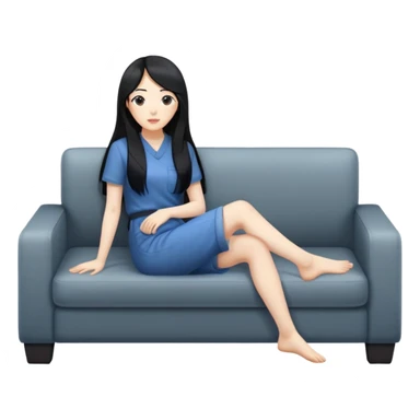 An Asian woman with a pale complexion and long black hair is sitting on a sofa with her feet on the ground. The picture is slightly sideways, with an overall angle of 35 degrees. sticker