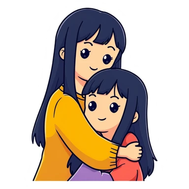 two white girls with long black hair hugging, one girl has bangs sticker