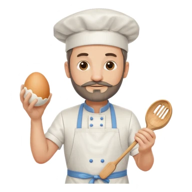 Middle aged male pastry chef - with a small beard, apron, white hat, holding an egg beater in his right hand, and his left hand naturally hanging down to his side sticker