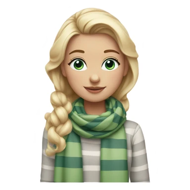 Blonde girl with blue eyes and eyelashes no lipstick in a light pink shirt with gray and green thick stripe scarf sticker