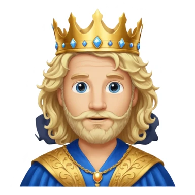 1 Middle-aged white king, 40 years old, blond hair, blond beard, long curly hair, blue eyes, kind and benevolent vibe, gentle smile, wearing a crown and blue robe emoji sticker