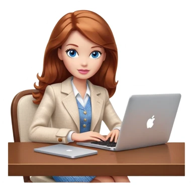 A Barbie girl with blue eyes, shoulder-length reddish-brown hair, made-up, wearing a white tweed jacket and beige skirt, is sitting at a table with a MacBook sticker