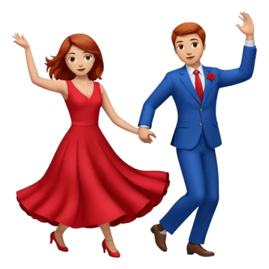 Two people dancing one wearing red and one wearing blue. Brown hair and red hair sticker