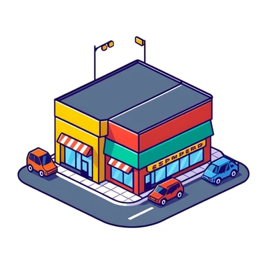 Isometric supermarket building exterior with colorful facade, parked cars, and entrance area sticker