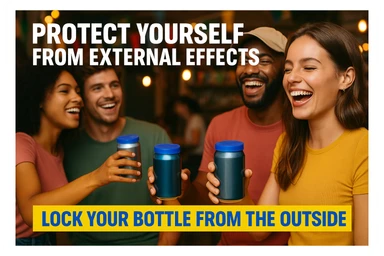 Készíts a következő jellemzőkre a mellékelt fotó felhasználásával a szöveghez illő képet, 1000x600px-es méretűt, fiatalos, dinamikus, megnyerő,változatos, színes, valósághű fotók legyenek!
„Megvéd a külső hatásokkal szemben”
Szennyeződések, darázscsípés (anafilaxiás sokk), „randidrog” esetek számának csökkentése. A „Zárd palackod a külvilág elől” drogprevenciós kezdeményezés fontos eleme. sticker