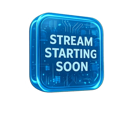loopable Twitch stream background with large centered 'Stream Starting Soon' text, techy and modern style, glowing blue lines, digital grids, animated circuit patterns, cool energetic high-tech vibe sticker