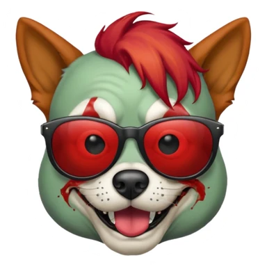 Zombie dog with sun glasses and red hair and joker nose sticker