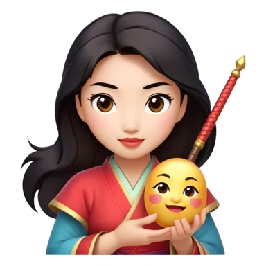 Cinematic Adorable Mulan Portrait Emoji, Playfully holding Cri-Kee in her hands, eyes sparkling with mischief, soft rosy cheeks, a warrior with a heart full of charm, radiant in the morning sunlight, glowing with warmth and joy! sticker
