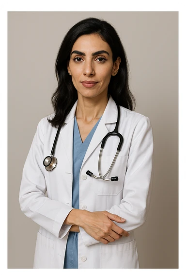 Arab doctor, 46 kg, 173 cm, medium black-brown hair, black eyes with long lashes and thick eyebrows, beautiful mouth, defined facial bone structure, prominent cheekbones, chin with a dimple (غمازة ذقن), wearing medical attire, elegant and professional appearance, standing, neutral background sticker