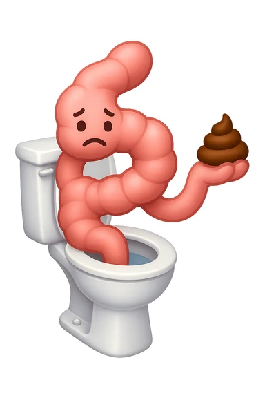 emoji stile iphone di un intestino che esce dal wc con in mano una montagnetta di feci con espressione triste a palline sticker
