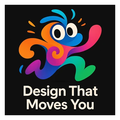 abstract mascot for a black website, playful and energetic, with expressive eyes and flowing forms to show thinking and movement, bright lively palette, for a creative tech portfolio, includes the tagline 'Design That Moves You' sticker