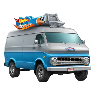 Side-on shot, Hot wheels, Hot rod, large panel van truck,1973 with exposed chrome exhaust pipes, blue, large wheels in back, logo “Stinky’s Diaper Cleaner” sticker