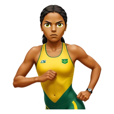 Cinematic Realistic portrait of Cathy Freeman, shown as an iconic Australian sprinter with a focused, determined expression and modern athletic yellow and green attire accented with subtle native motifs, rendered in dynamic, vibrant lighting sticker