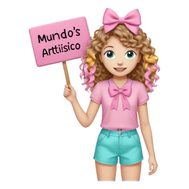 Crea una imagen mía kawai para stickers q tenga bonitos ojos cabello largo crespo color castaño claro y un hermoso moño rosa la blusa rosada y un hermoso chort color azul aguamarina y en sus manos un letrero q diga mundos Artistico Cc los zapatos estilo converse sticker