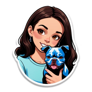 Slightly overweight beautiful girl with choppy long dark hair with her nose piercing and her black iPhone with her her pet pit bull girl with an underbite layed next to her sticker