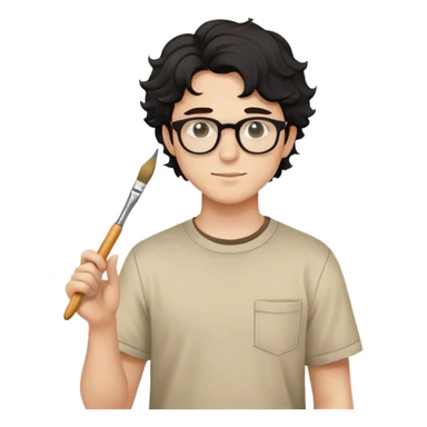 Young caucasian man with black wavy hair, round glasses, beige painting shirt, holding a square paintbrush sticker