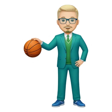 Full Body white male plus size wearing glasses with a goatee with light blonde and gray very short hair happy basketball head Coach in blue and green suit sticker