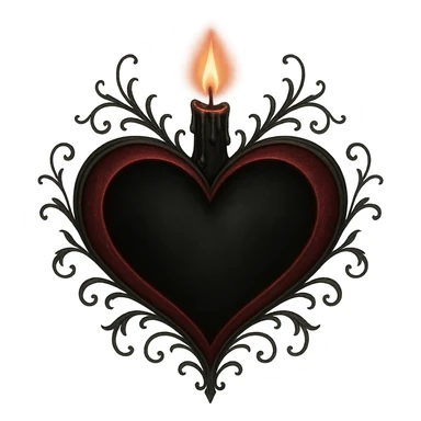 romantic goth heart with a candle and soft glow, gothic style, black and crimson, delicate sticker