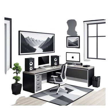 An isometric 3D room with two walls that meet at the back left and right. The floor is made of gray wood. The room is decorated in a modern black and white style. In front of the window is a wide desk with a large monitor and an open laptop, with a black gaming chair next to it. sticker