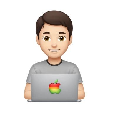 apple-style emoji of a happy young male developer, dark brown hair, hazel eyes, dimple, smiling and winking, tech t-shirt, sitting at a MacBook with Apple logo, light gray background sticker