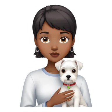 Black girl with short bangs holding a white schnauzer dog sticker