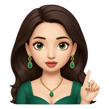pretty bratz genmoji that looks like tamannah bhatia (bollywood actress), wearing a dark green sweetheart neckline top, dark brown hair, light makeup, no necklace, dangly earrings, side hair part, fair. dark brown eyes, long hair

Show her licking her finger  sticker