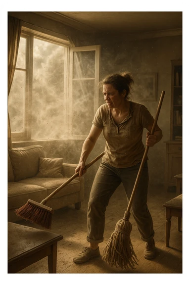 A realistic, cinematic image of a person cleaning a living room with a mop and broom, windows wide open letting in a strong gust of wind. Through the open windows, thick clouds of dust, pollen, and small debris visibly swirl into the room, floating in sunbeams that highlight the particles in the air. The person looks frustrated and tired, mid-action sweeping but clearly battling the incoming dust. Around the room, some furniture and surfaces already show a thin layer of dust settling. The scene is bathed in natural daylight with a slightly hazy atmosphere due to the airborne dust. The color palette uses warm, muted tones emphasizing the contrast between cleanliness efforts and the stubborn dirt and dust invading the space. The focus is on the tension between trying to clean and the unavoidable mess coming in from outside. sticker