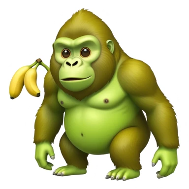 A hybrid creature with a yellow banana-shaped body and a bright green gorilla head sticker