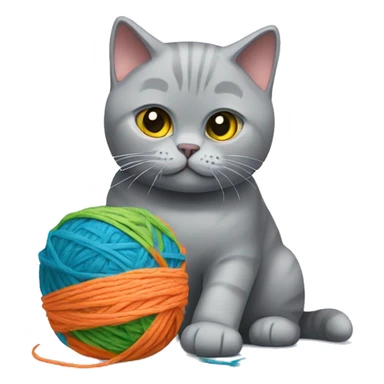 Grey British shorthair cat playing with a ball of yarn sticker