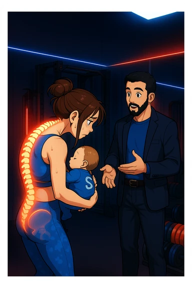 ispirati a questo stile di disegno e fai questa immagine in versione manga/webtoon a colori, il manga mostra la donna preoccupata di profilo con la postura sbagliata e incurvata, spalle chiuse e curve in avanti, con un neonato in braccio con una tutina azzurra e la scritta "S" sulla schiena, spina dorsale storta della donna in evidenza mentre ascolta l'uomo mentre l'uomo gli sta spiegando una cosa, ma non fare i fumetti, fai come se stessero parlando sticker