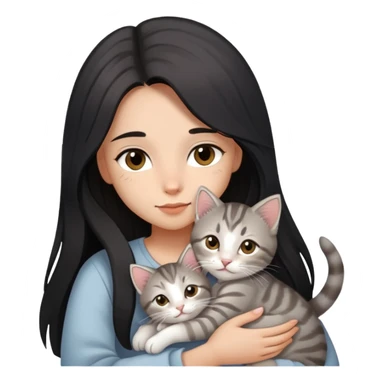 girl with black long hair, light-medium skin, brown eyes snuggling light grey tabby kitten sticker